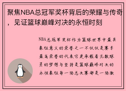 聚焦NBA总冠军奖杯背后的荣耀与传奇，见证篮球巅峰对决的永恒时刻