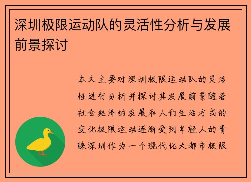 深圳极限运动队的灵活性分析与发展前景探讨